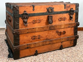 A 19th Century Pine Steamer Trunk - Wood And Metal Banding - Stripped