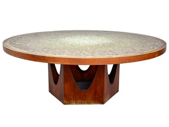 A Mid Century Pique Assiette Mosaic Top Coffee Table With Octagonal Mahogany Base, Possibly HARVEY PROBBER