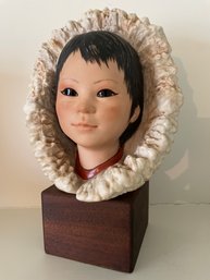 Signed Cybis Inuit Woman Porcelain Bust On Wooden Base. 9.5' Tall.
