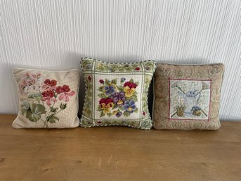 Lot Of 3 Needlepoint Pillows Floral And Watering Can