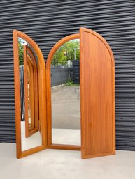 Vintage Danish Modern Teak Arch Top Tri-Fold Wall Mirror