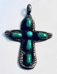 VINTAGE CECELIA IULE ZUNI STERLING SILVER & TURQUOISE CROSS PENDANT