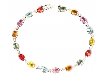 Beautiful 14K White Gold 585 European Marking Clasp Bracelet Multi Colored Sapphires 7' Length