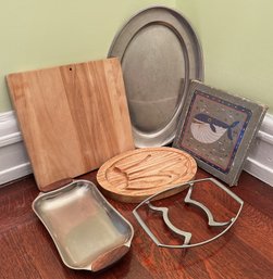 Danish Mid Century Modern Platter With Teak Handles, New Whale Trivet, Cutting Boards & More (6 Pieces)