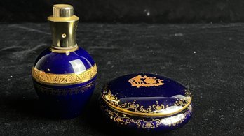 Limoges Cobalt Blue Porcelain & 18K Gold Perfume Bottle And Trinket Box