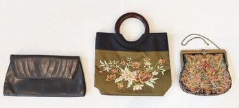 (1) Vintage Embroidered Handbag/(1) Black Leather Clutch(1) Antique Double Handled Embroidered Handbag