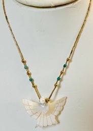 CARVED MOTHER OF PEARL PHONEX TURQUOISE GOLD TONE NECKLACE