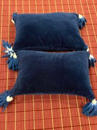 A Pair Of Navy Velvet Throw Pillows With Wool Pom Poms