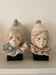 Pair Of Signed Cybis Clown Porcelain  Busts On Wooden Base. 9' Tall.
