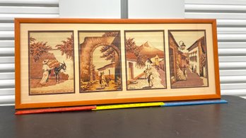 4 Panel Watercolors 37.5x15.5 By Mexican Artist H Uriza Village Life Matted Glass Framed