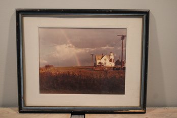 Framed And Matted Vintage Photograph Of Stratford Point Lighthouse And Rainbow