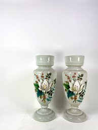 Antique Pair -  Hand Painted White Glass Flower Vase