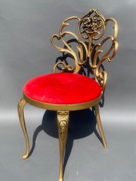 Vintage Kesslar Gold Paint Decorated Wrought Iron Vanity Chair W/ Ruby Red Upholstered Seat