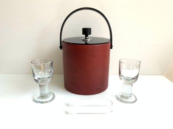 Vintage Morgan Designs Ice Bucket, Ice Tongs And Two Glasses