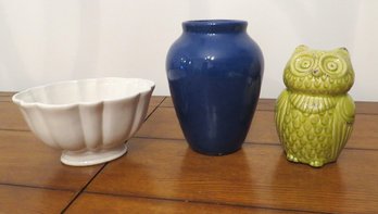 Trio Of Pottery Form Decorative Objects - Figural Owl, Planter & Art Pottery Vase