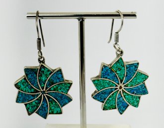 VINTAGE MEXICAN STERLING SILVER AND MOSAIC TURQUOISE PIN WHEEL DANGLE EARRINGS