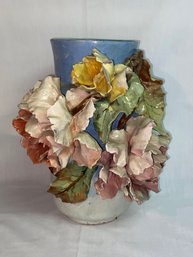 Edouard Gilles Barbotine Floral Relief Majolica Vase Impressed With E.G. 145 F R 11x13'