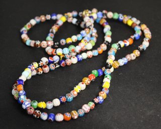 Beautiful Small Beaded Millefiori Art Glass Elongated 44' Long Necklace