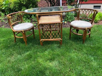 Stylish Vintage Rattan & Bamboo Set Of Console Table & Two Side Chairs - Very Good Condition