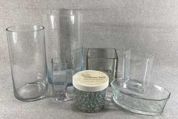 Contemporary Clear Glass Vase Collection & Dansk Flower Arrangement Glass Beads