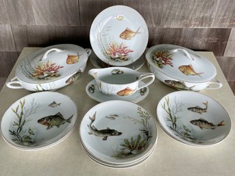 13 Piece Vintage Rosenthal Fish Pattern Porcelain Plates & Serving Pieces. Plates Feature 4 Different Patterns