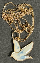 Delicate 14K Gold Chain 19' With Enamel Painted Peace Dove Pendant 1' Marked On Clasp Acid Tested