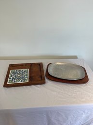 Wood And Tile Cheese Board And Wood And Metal Serving Tray