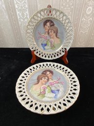 2 Piece Vintage Porcelain Pierced Lattice Reticulated Plate Art Nouveau