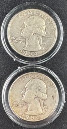 Lot Of 2 Washington Silver Quarters 1954, 1954-S