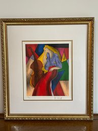 Linda Le Kinff  Framed And Pencil Signed  Lithograph/serigraph Featuring A Woman With A Cello .