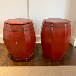 A Pair Of Chinese Red Lacquered Wood Lidded Storage Barrels