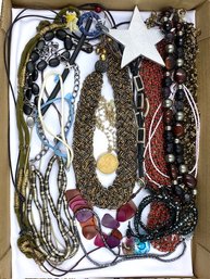 Box Top Tray Lot Of Costume Jewelry - Earthtone, Jeweltone, & Leather - 18 Pieces