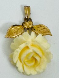 SIGNED VAN DELL 12K GOLD-FILLED CARVED FAUX IVORY ROSE PENDANT