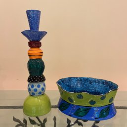 A Handmade Vibrant Ceramic Candlestick Holder & A Cachepot - Signed - Dated