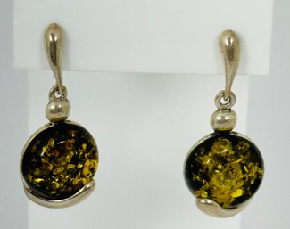 STERLING SILVER AND GREEN AMBER DANGLE EARRINGS