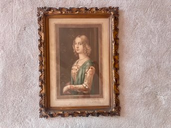 Antique Framed Portrait Print Of A Renaissance Woman