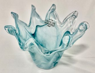 Vintage Murano Style Art Glass Blue And White Swirl Free Flow Vase