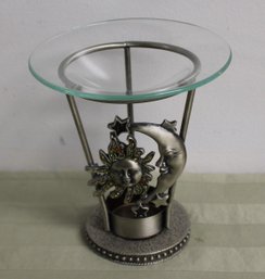 Metal Sun And Moon Face Candle/holder W/ Glass Warmer Plate