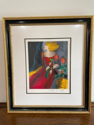 Linda Le Kinff  Framed And Pencil Signed  Lithograph/Serigraph Featuring A Woman With Flowers .