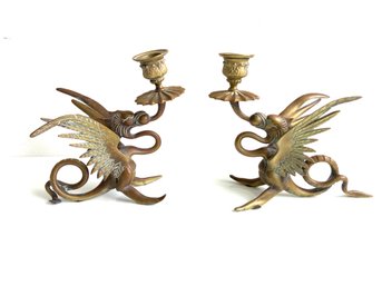 Pair Of Vintage Brass Griffin Form Candle Holders