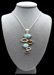 Gorgeous Sterling Silver Larimar With Citrine And Peridot Stones Pendant Necklace