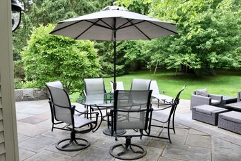 Set Of 6 Brown Jordan  Aegean Arm And Swivel Chairs, Round Table And Umbrella