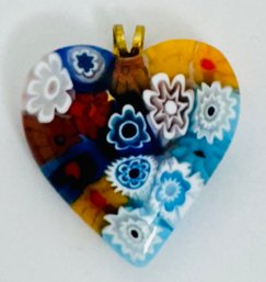 MILLEFIORI GLASS HEART PENDANT GOLD TONE BALE