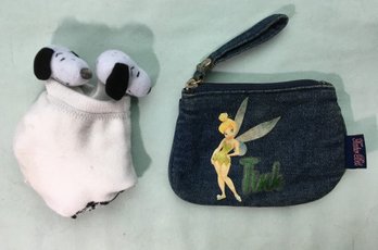 Lot Of 2 Early 1980s Rare Peanuts Snoopy Head Socks & Disney Tink Tinkerbell Denim Handbag