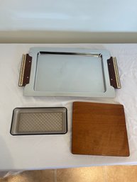 Kromex Mid Century Modern Cheese Tray, Teak Wood Block And Plastic Dish