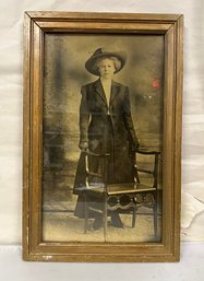 Old Photograph Of Beautiful Viola Saigent With Hat Posing For Her Photo With A Bench In Wooden Frame   LD/WA-B