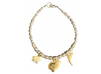 Sterling Silver 925 Beaded Bracelet With Three 18K Gold Animal Charms Marked 750 Acid Tested