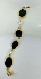 SIGNED KAREN LYNNE 12K GOLD-FILLED ONYX AND PEARL BRACELET