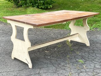 A Vintage Trestle Framhouse Table With Maple Top