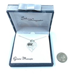 Genuine Marcasite Stone Accented Silvertone Heart 'mom' Pendant Necklace